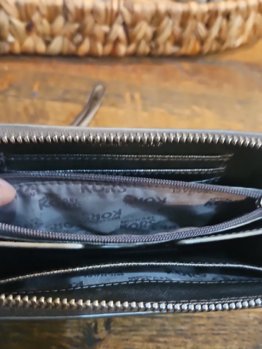Michael Kors Metallic Bronze Logo Wristlet Wallet with Cream Strap‎